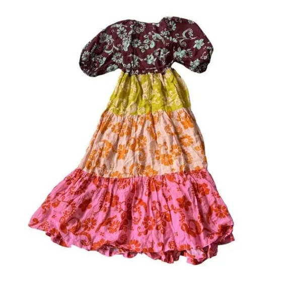 ALÉMAIS 100% Ramie Linen Multicolor Luis Wrap Puff Sleeve Midi Wrap Dress Sz 12 - Picture 13 of 15